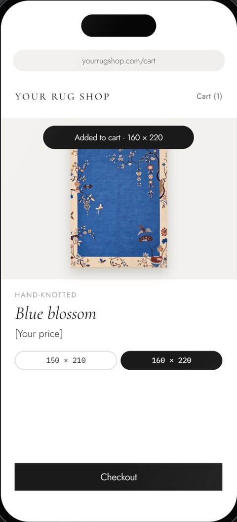 Phone screen: the shop’s rug page with “Added to cart”